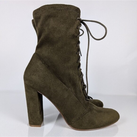Steve Madden Lace-Up Boots Women's Size 9 Olive Green Suede Block Heel - Picture 4 of 9